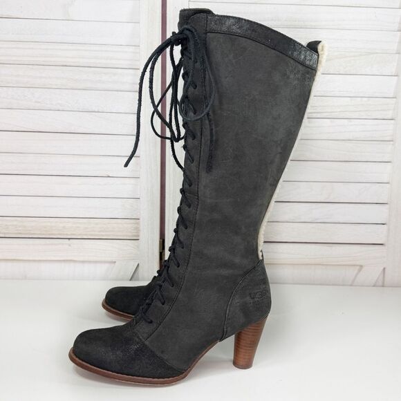 Ugg Camille Oil Rubbed Leather Lace Up Knee High Heeled Boots Black 6.5 5488 - Picture 4 of 13